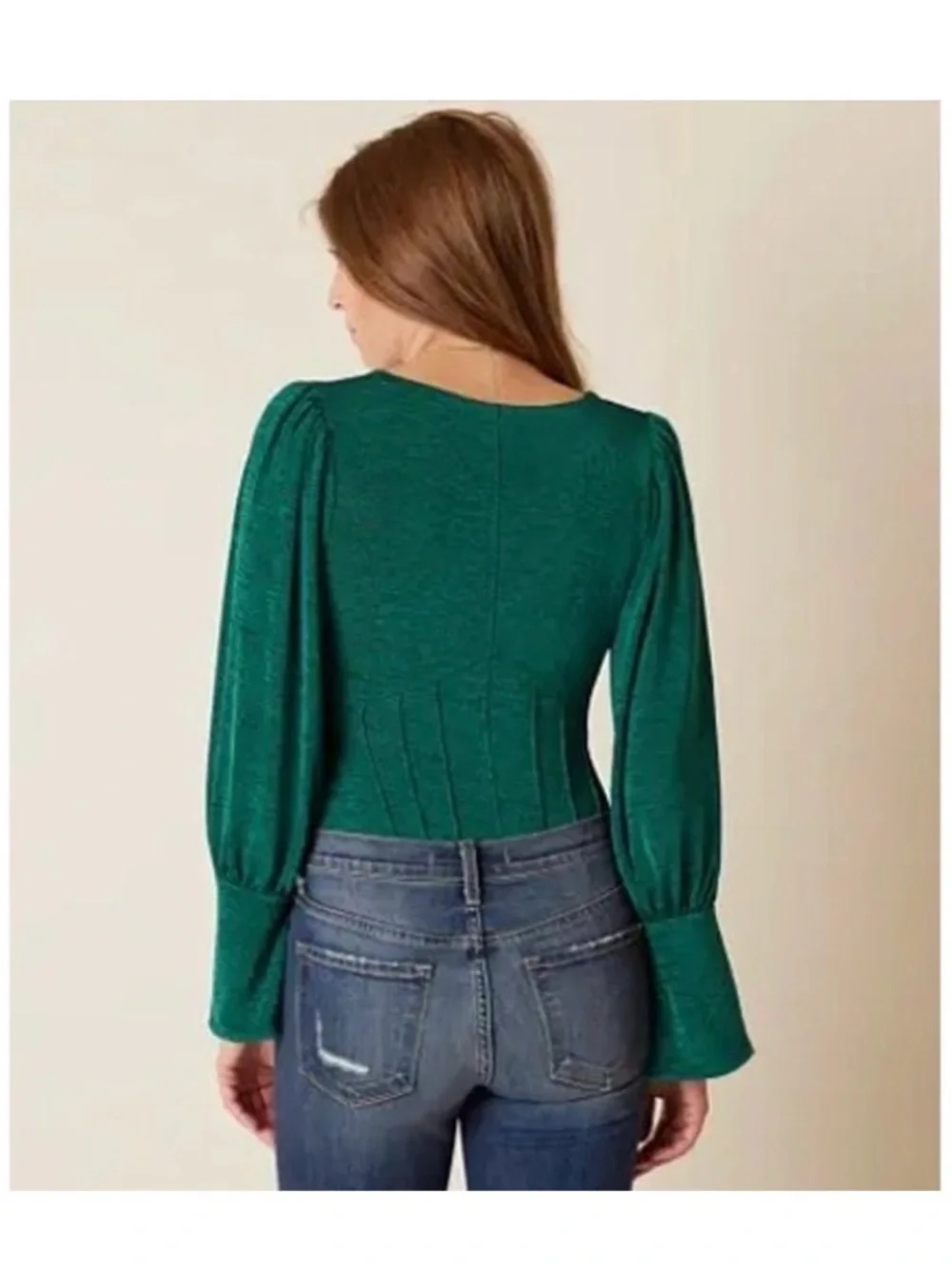 Free People Killer Queen Teal Knit V-Neck Puff Long Sleeve Stretch Blouse S